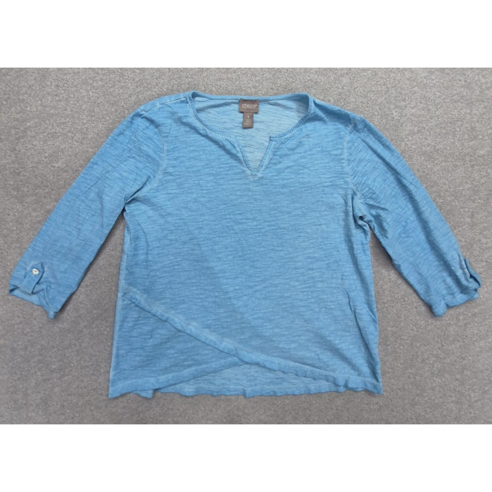 Chico's Top Womens 1 M Medium Blue Slub Knit V-Neck 3/4 Sleeve Cotton Stretch